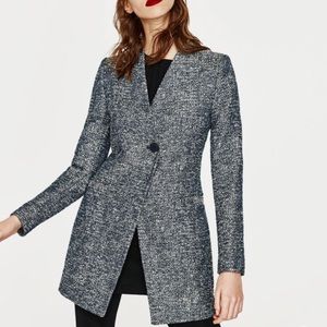 Zara Shiny Blue Tweed Fabric Crossover Frock V-Neck Coat Jacket